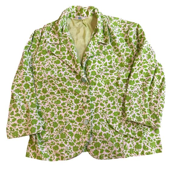 Vintage 60s Blazer Jacket Sz Small Green Button Front Mod Cottage Garden Floral - Picture 1 of 4